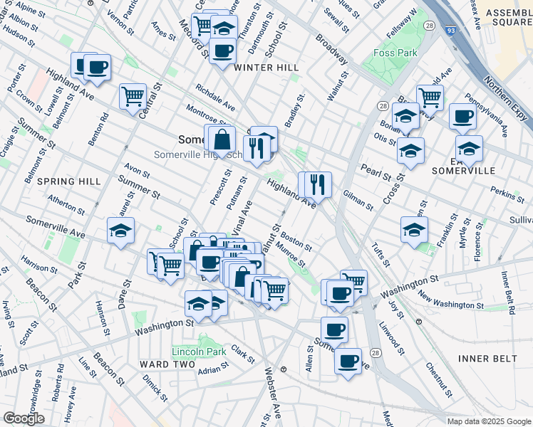 map of restaurants, bars, coffee shops, grocery stores, and more near 9 Summit Avenue in Somerville