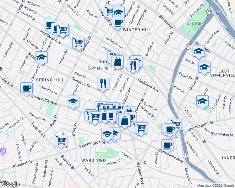 map of restaurants, bars, coffee shops, grocery stores, and more near 22 Putnam Street in Somerville