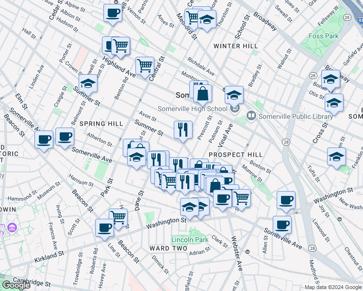 map of restaurants, bars, coffee shops, grocery stores, and more near 59 Summer Street in Somerville