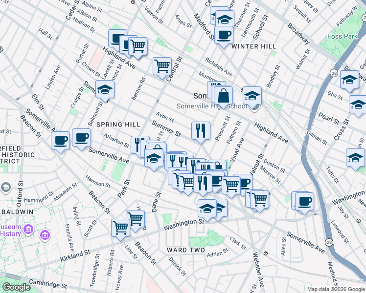 map of restaurants, bars, coffee shops, grocery stores, and more near 16 Preston Road in Somerville