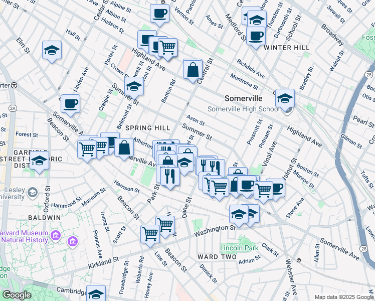 map of restaurants, bars, coffee shops, grocery stores, and more near 25 Laurel Street in Somerville