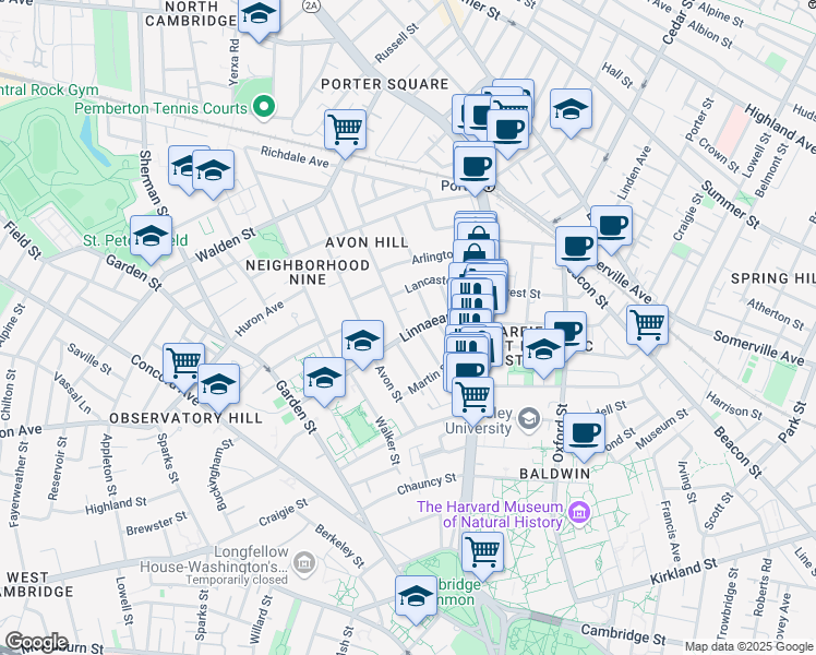map of restaurants, bars, coffee shops, grocery stores, and more near 5 Washington Avenue in Cambridge