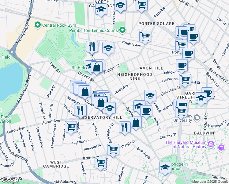 map of restaurants, bars, coffee shops, grocery stores, and more near 99 Garden Street in Cambridge