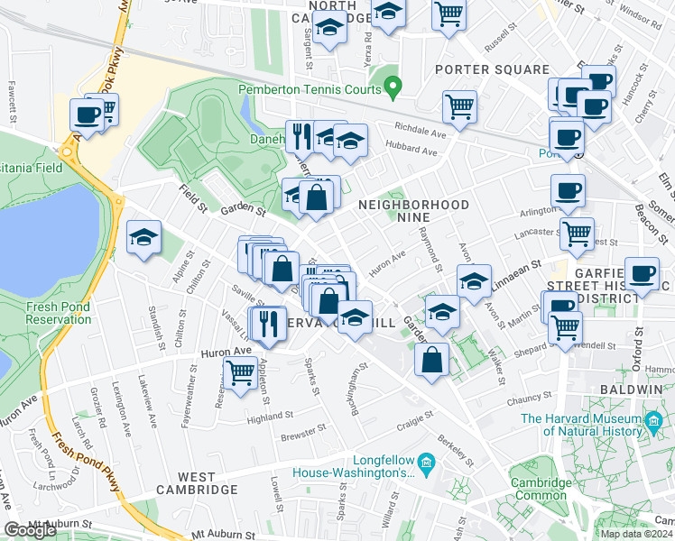 map of restaurants, bars, coffee shops, grocery stores, and more near 6 Garden Court in Cambridge