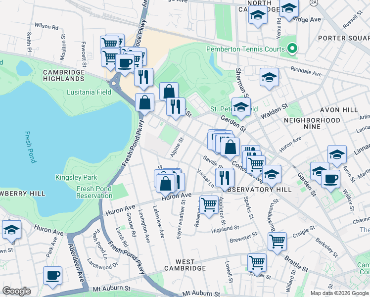map of restaurants, bars, coffee shops, grocery stores, and more near 95 Chilton Street in Cambridge