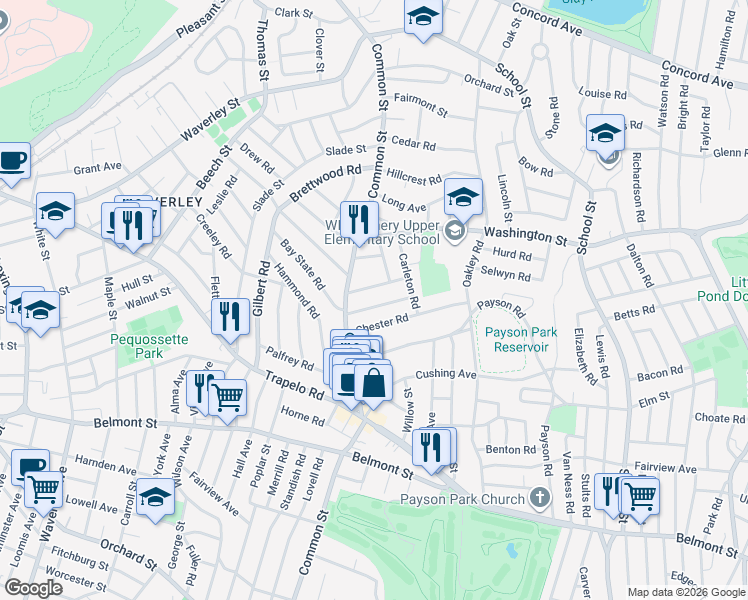 map of restaurants, bars, coffee shops, grocery stores, and more near 45 Warwick Road in Belmont