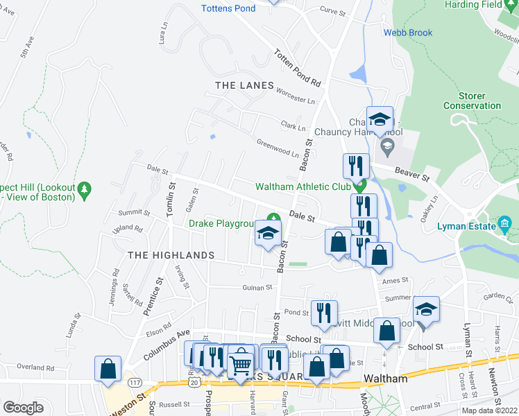 map of restaurants, bars, coffee shops, grocery stores, and more near 68 Caughey Street in Waltham