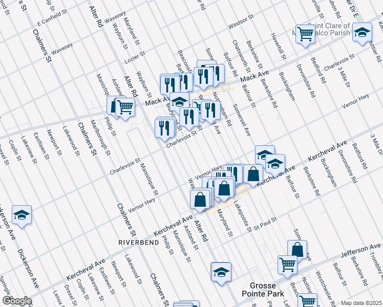 map of restaurants, bars, coffee shops, grocery stores, and more near 1352 Wayburn Street in Grosse Pointe
