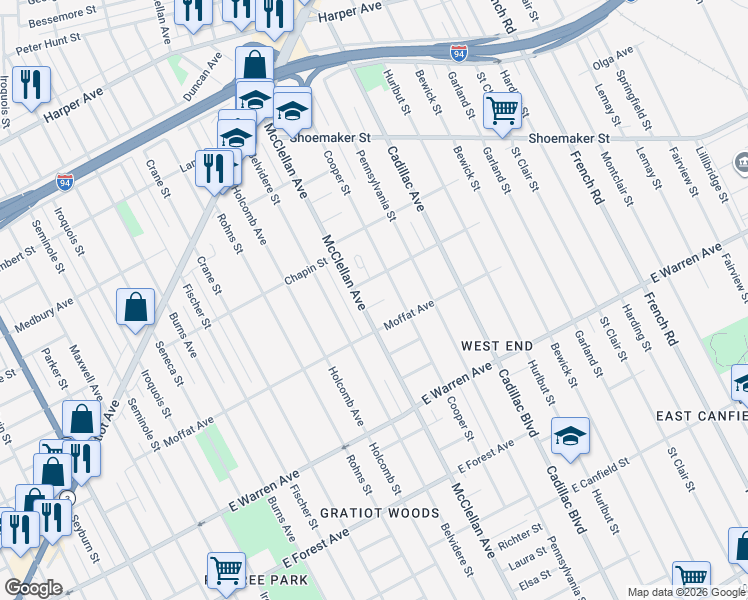 map of restaurants, bars, coffee shops, grocery stores, and more near 5347 McClellan Avenue in Detroit