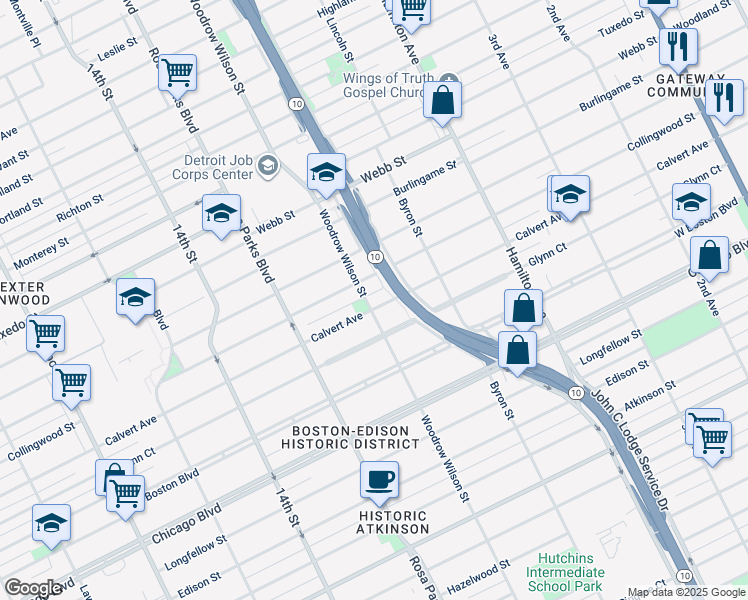 map of restaurants, bars, coffee shops, grocery stores, and more near 1624 Calvert Avenue in Detroit