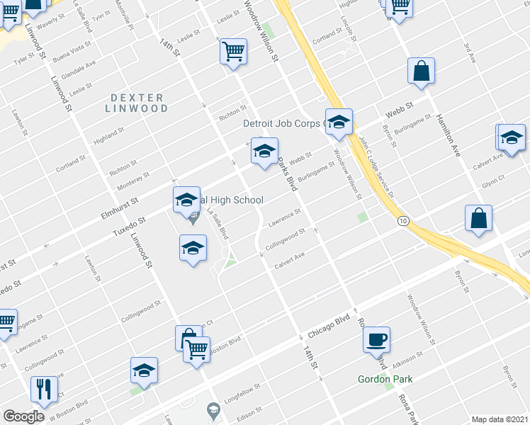 map of restaurants, bars, coffee shops, grocery stores, and more near in Detroit