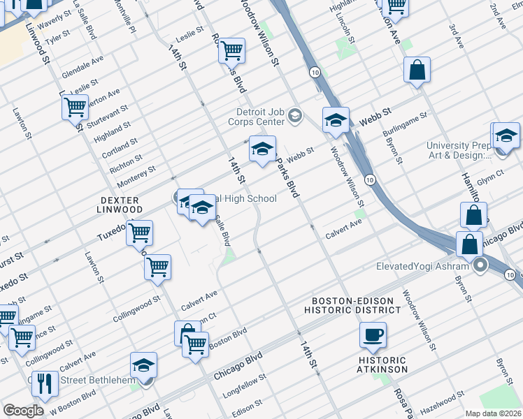 map of restaurants, bars, coffee shops, grocery stores, and more near in Detroit