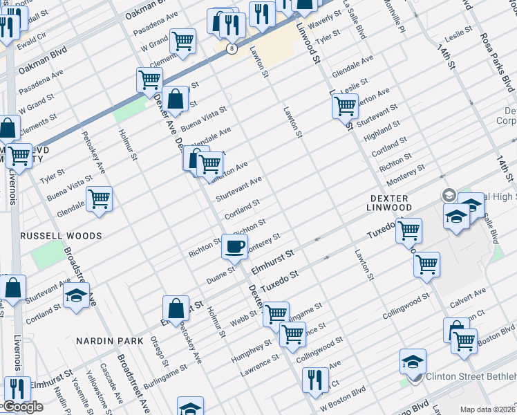 map of restaurants, bars, coffee shops, grocery stores, and more near 3258 Richton Street in Detroit