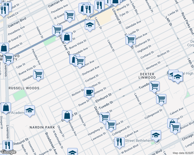 map of restaurants, bars, coffee shops, grocery stores, and more near 3258 Richton Street in Detroit