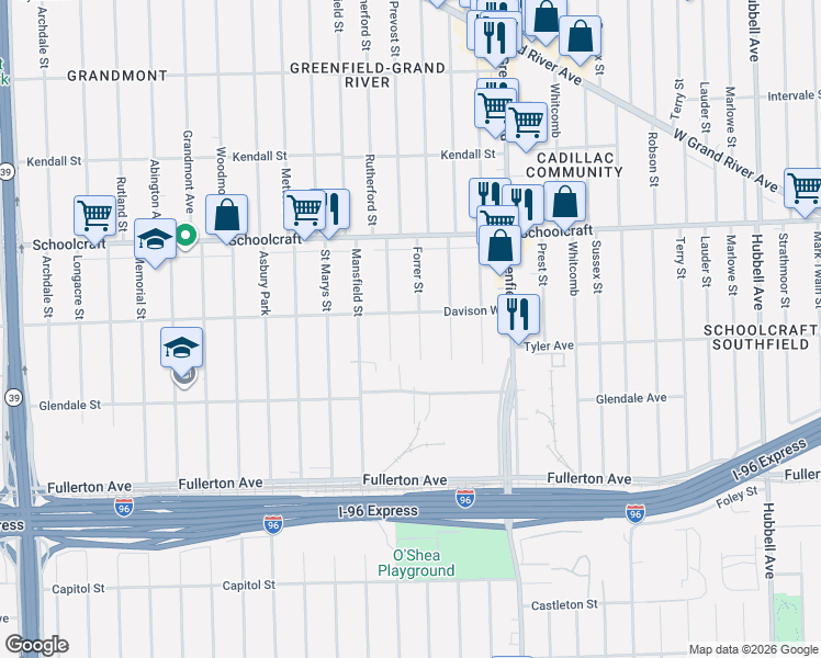 map of restaurants, bars, coffee shops, grocery stores, and more near 12915 Forrer Street in Detroit