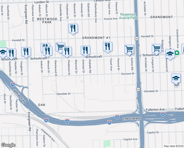 map of restaurants, bars, coffee shops, grocery stores, and more near 12951 Stahelin Road in Detroit