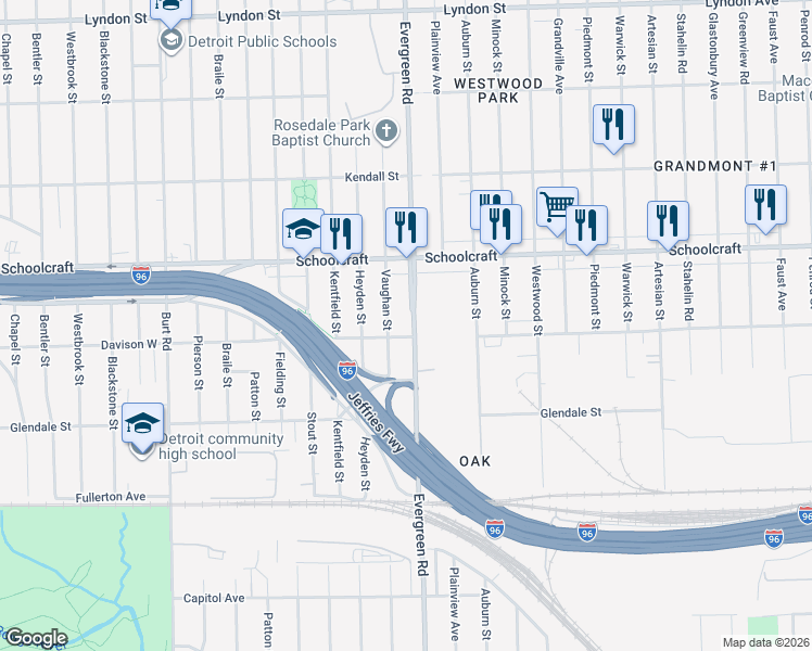 map of restaurants, bars, coffee shops, grocery stores, and more near in Detroit