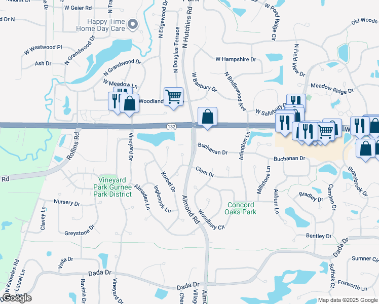 map of restaurants, bars, coffee shops, grocery stores, and more near 7375 Buchanan Drive in Gurnee