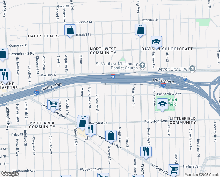 map of restaurants, bars, coffee shops, grocery stores, and more near 13126 Birwood Street in Detroit