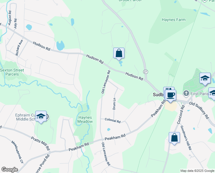 map of restaurants, bars, coffee shops, grocery stores, and more near 406 Old Lancaster Road in Sudbury