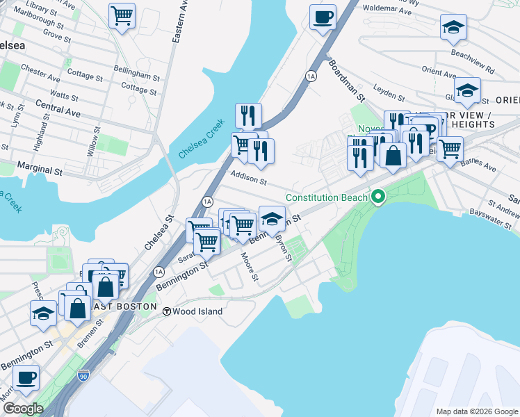 map of restaurants, bars, coffee shops, grocery stores, and more near 754 Saratoga Street in Boston