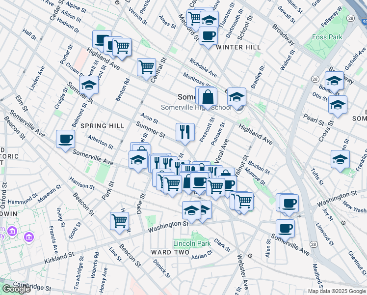 map of restaurants, bars, coffee shops, grocery stores, and more near 59 Summer Street in Somerville