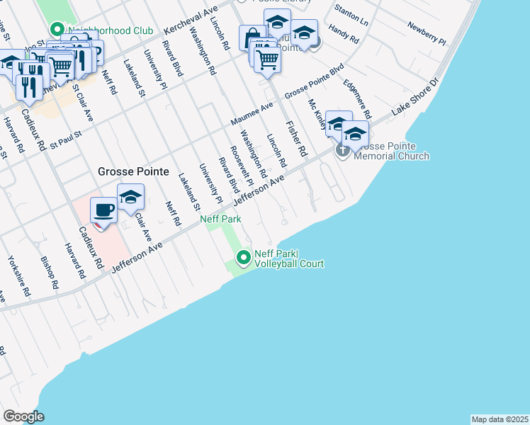 map of restaurants, bars, coffee shops, grocery stores, and more near 6 Cameron Place in Grosse Pointe
