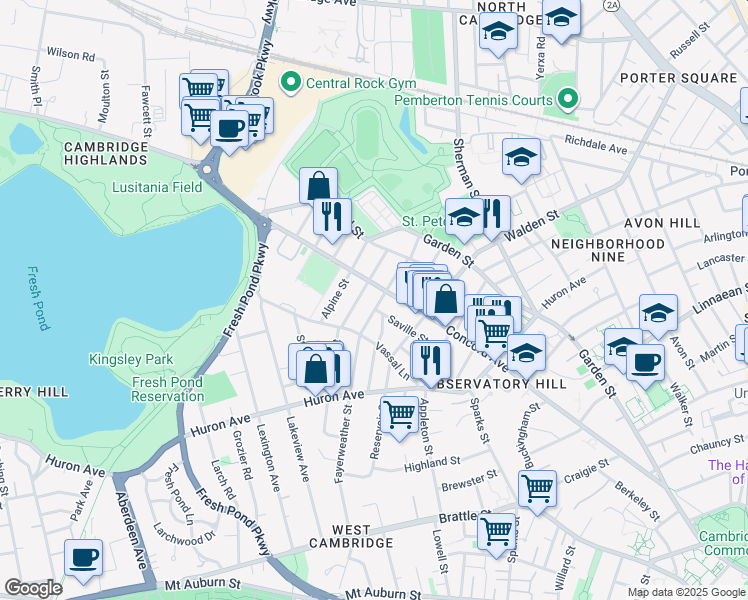 map of restaurants, bars, coffee shops, grocery stores, and more near 141 Fayerweather Street in Cambridge
