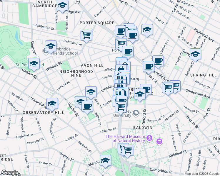map of restaurants, bars, coffee shops, grocery stores, and more near 14 Linnaean Street in Cambridge