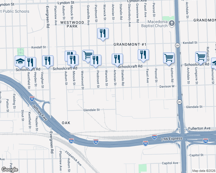 map of restaurants, bars, coffee shops, grocery stores, and more near 19011 Davison West in Detroit