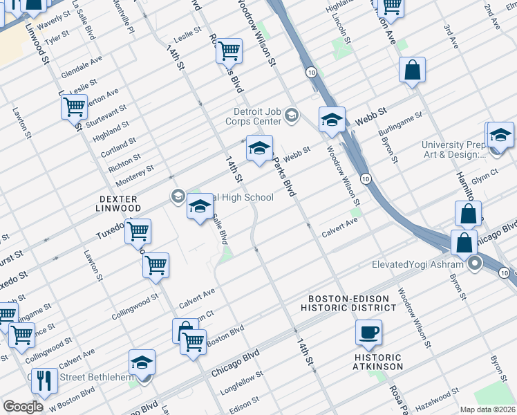 map of restaurants, bars, coffee shops, grocery stores, and more near in Detroit