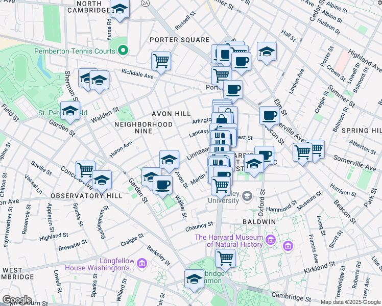 map of restaurants, bars, coffee shops, grocery stores, and more near 5 Washington Avenue in Cambridge