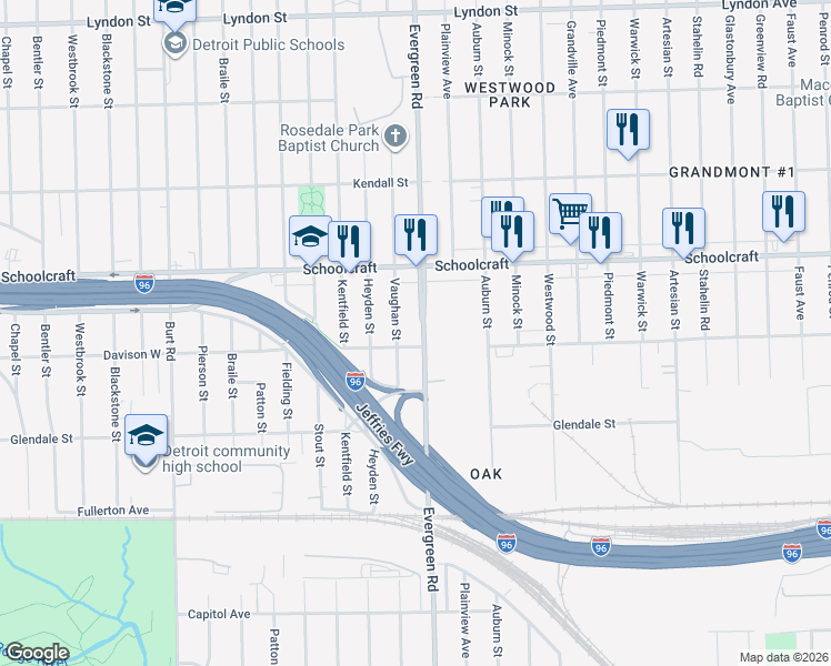 map of restaurants, bars, coffee shops, grocery stores, and more near in Detroit