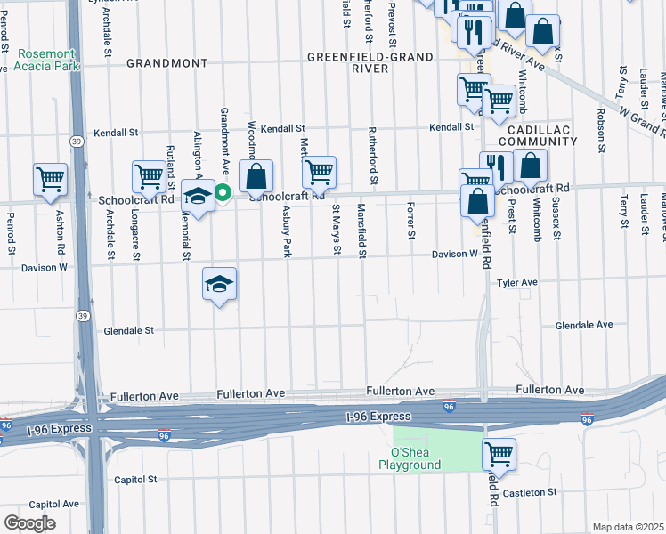 map of restaurants, bars, coffee shops, grocery stores, and more near 12949 Saint Marys Street in Detroit
