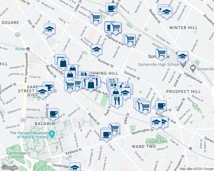 map of restaurants, bars, coffee shops, grocery stores, and more near 20 Atherton Street in Somerville
