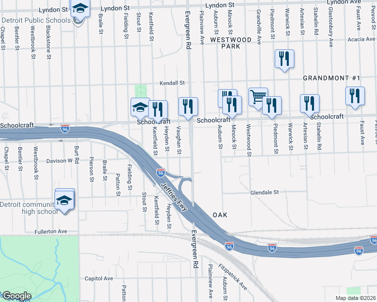 map of restaurants, bars, coffee shops, grocery stores, and more near 13525 Evergreen Road in Detroit
