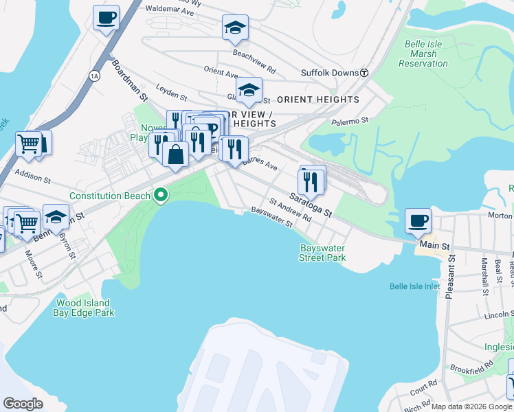 map of restaurants, bars, coffee shops, grocery stores, and more near 70 Bayswater Street in Boston