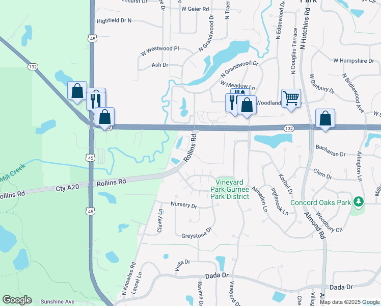 map of restaurants, bars, coffee shops, grocery stores, and more near Rollins Road in Gurnee