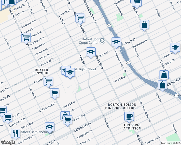 map of restaurants, bars, coffee shops, grocery stores, and more near 2017 Burlingame Street in Detroit