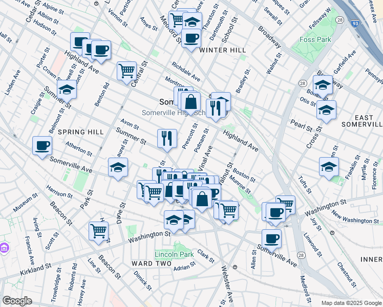 map of restaurants, bars, coffee shops, grocery stores, and more near 22 Putnam Street in Somerville