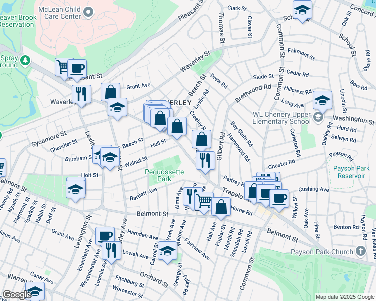 map of restaurants, bars, coffee shops, grocery stores, and more near 310 Trapelo Road in Belmont