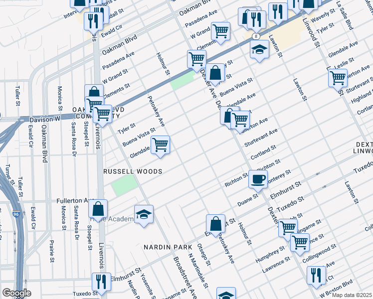 map of restaurants, bars, coffee shops, grocery stores, and more near 4046 Fullerton Avenue in Detroit