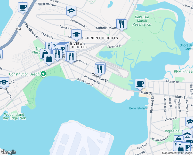 map of restaurants, bars, coffee shops, grocery stores, and more near 98 Saint Andrew Road in Boston