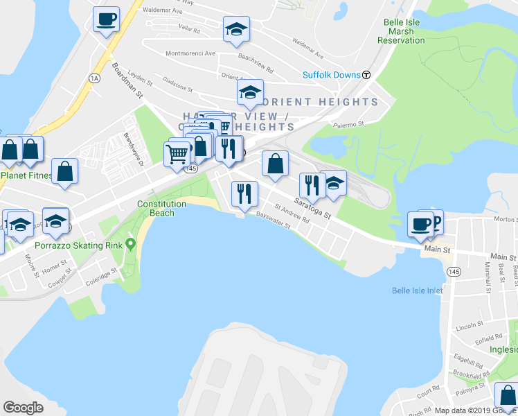 map of restaurants, bars, coffee shops, grocery stores, and more near 70 Bayswater Street in Boston