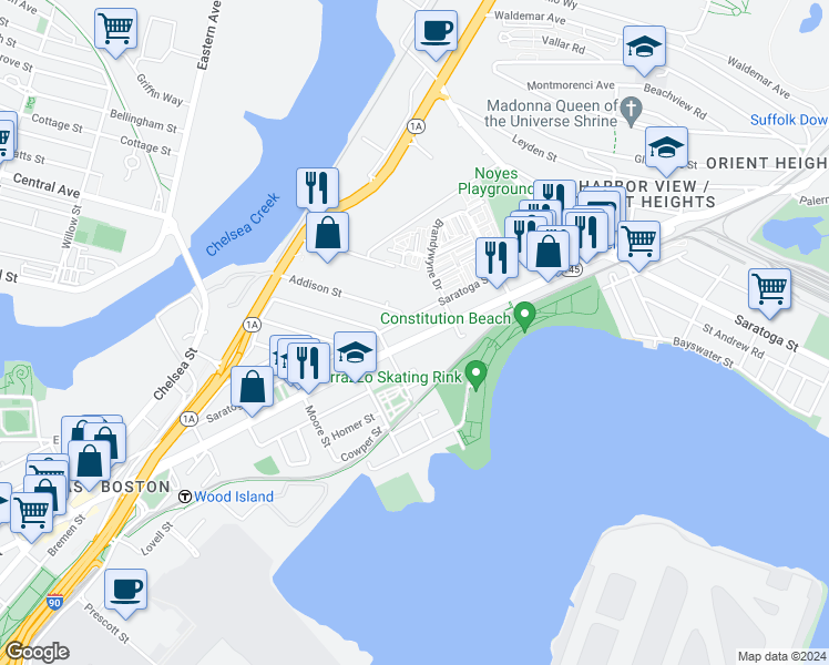 map of restaurants, bars, coffee shops, grocery stores, and more near 669 Massachusetts 145 in Boston
