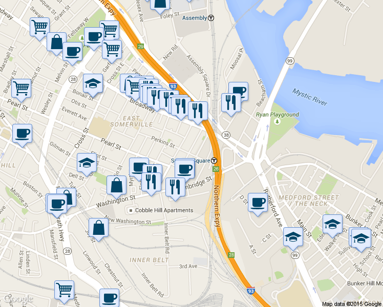 map of restaurants, bars, coffee shops, grocery stores, and more near 18 Parker Street in Boston