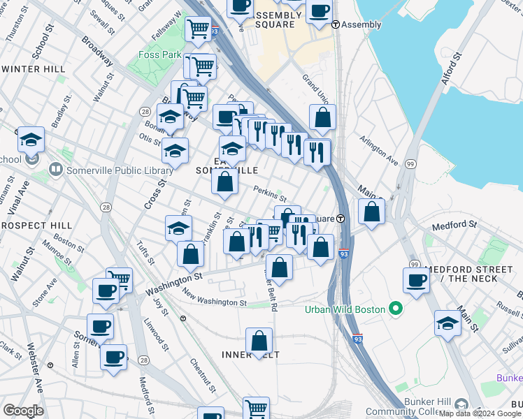 map of restaurants, bars, coffee shops, grocery stores, and more near in Somerville