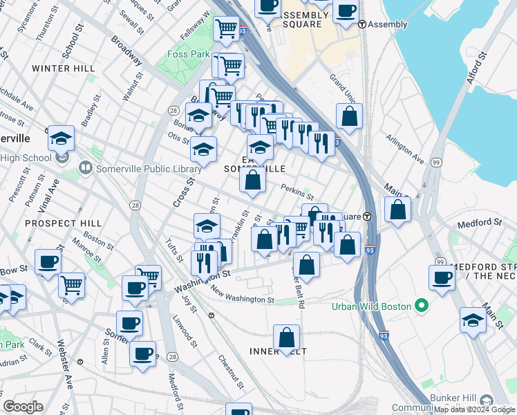 map of restaurants, bars, coffee shops, grocery stores, and more near 65 Myrtle Street in Somerville
