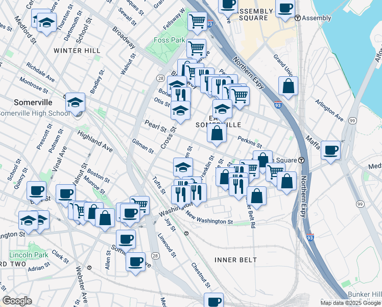 map of restaurants, bars, coffee shops, grocery stores, and more near 28 Flint Street in Somerville