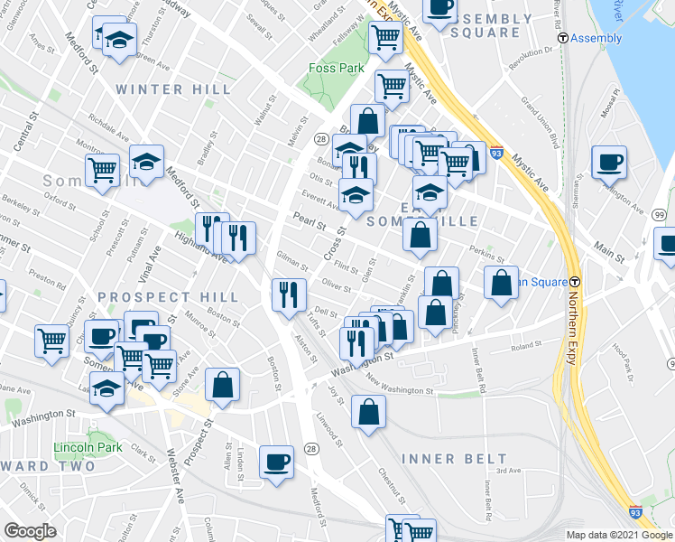 map of restaurants, bars, coffee shops, grocery stores, and more near 47 Oliver Street in Somerville